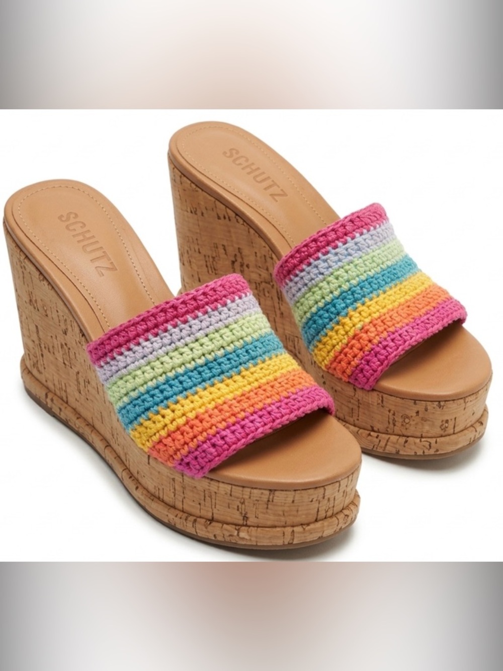 SCHUTZ Dalle Platform Cork Wedge Sandal Multicolor Crochet Strap Size 9.5 - Picture 7 of 7